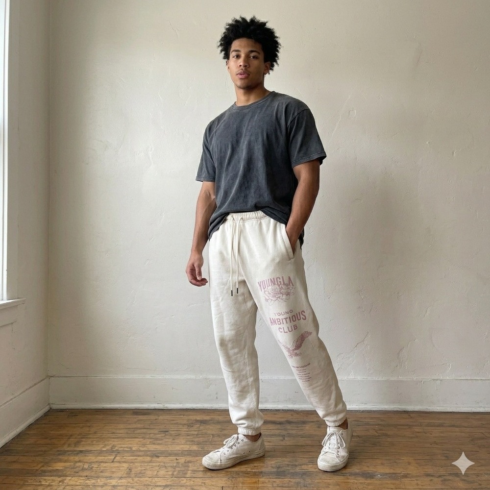 YoungLA Young‎ Ambitious Club Pants Mens Medium Cream Graphic Joggers Gymwear